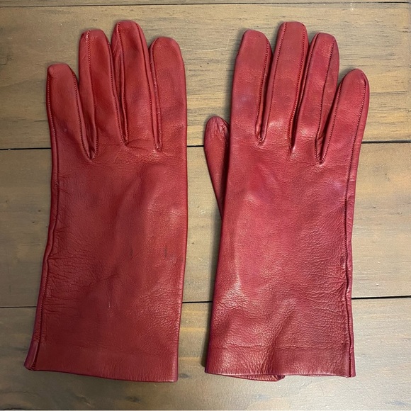 Vintage Super Soft Leather Red Gloves Slit Wrist Designer Classic Timeless - Picture 5 of 13